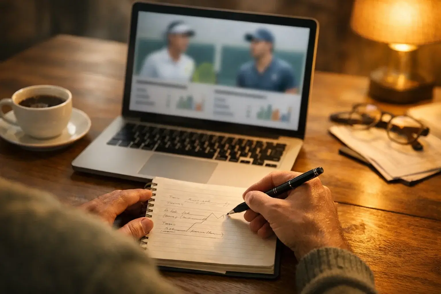 Persona estudiando datos de jugadores de tenis en portátil con libreta