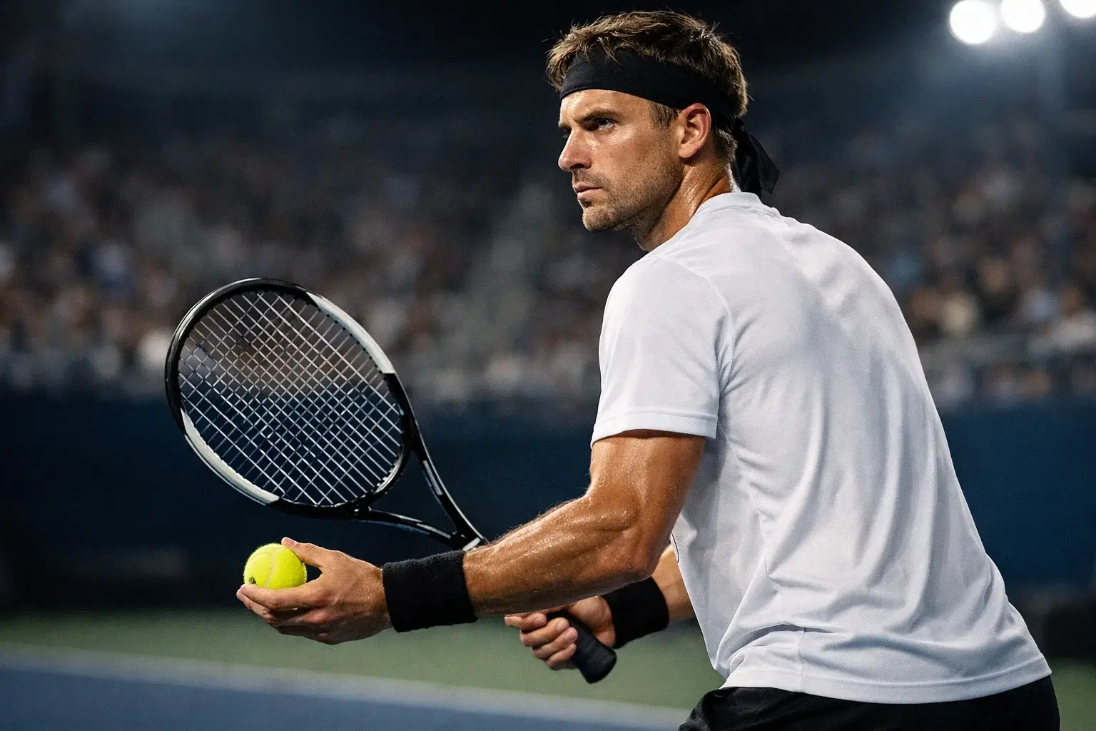 Tenista preparando el saque con pelota en alto y concentración máxima