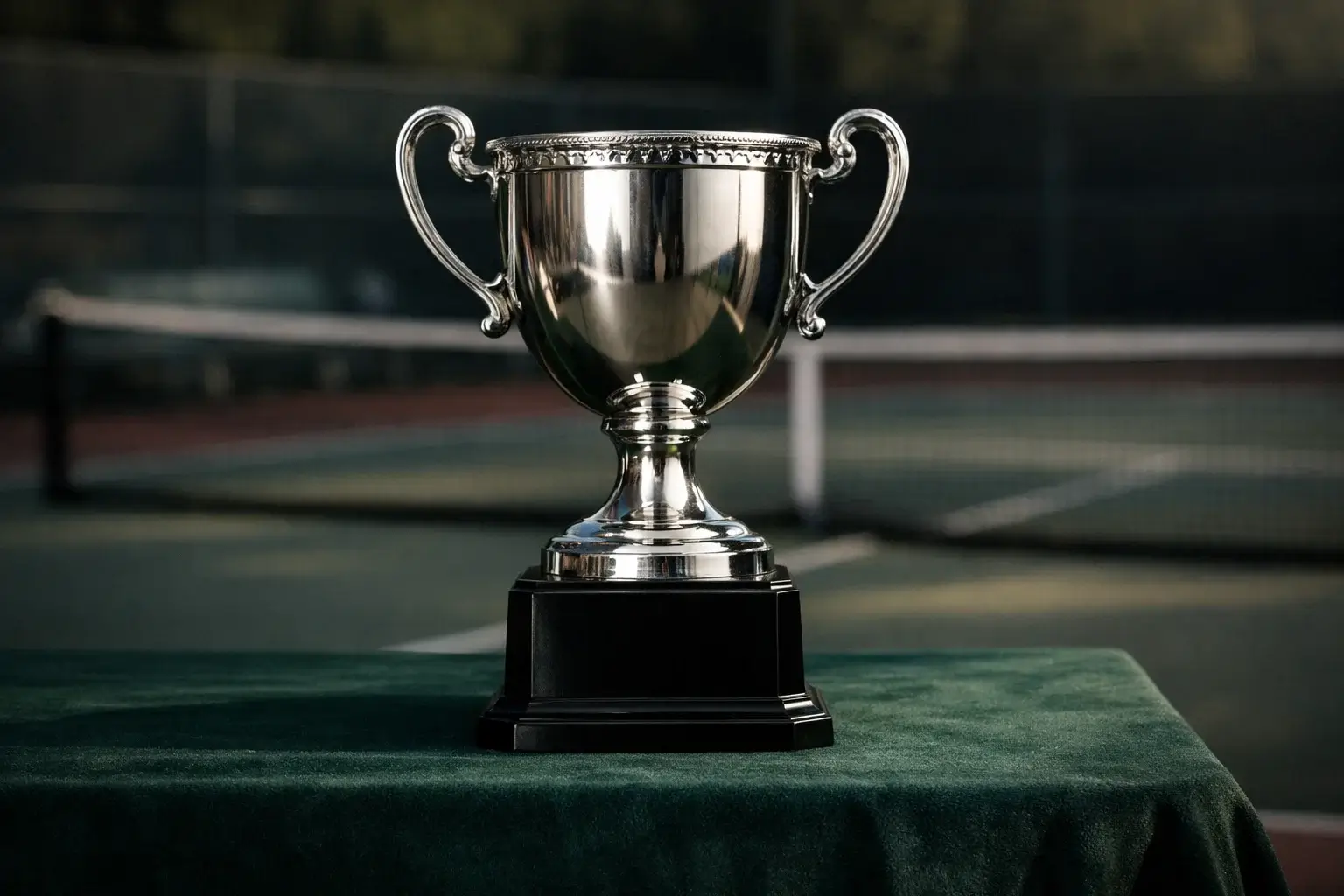 Trofeo de torneo de tenis sobre mesa con fondo de pista de competición