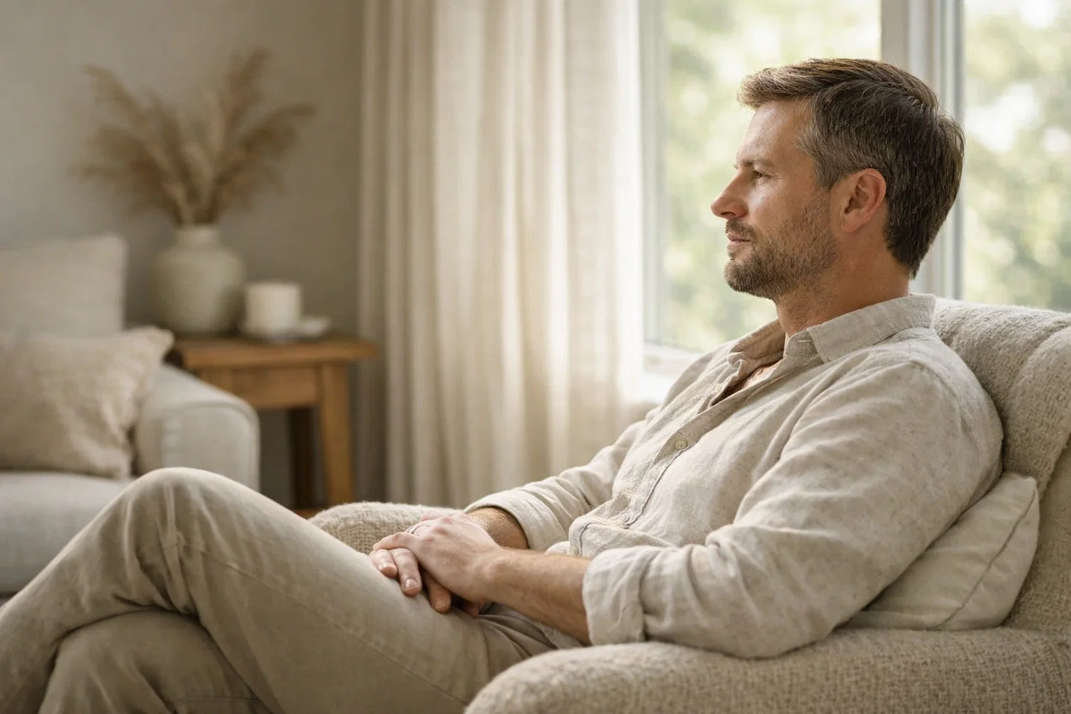 Persona reflexionando con calma sobre decisiones de apuestas responsables