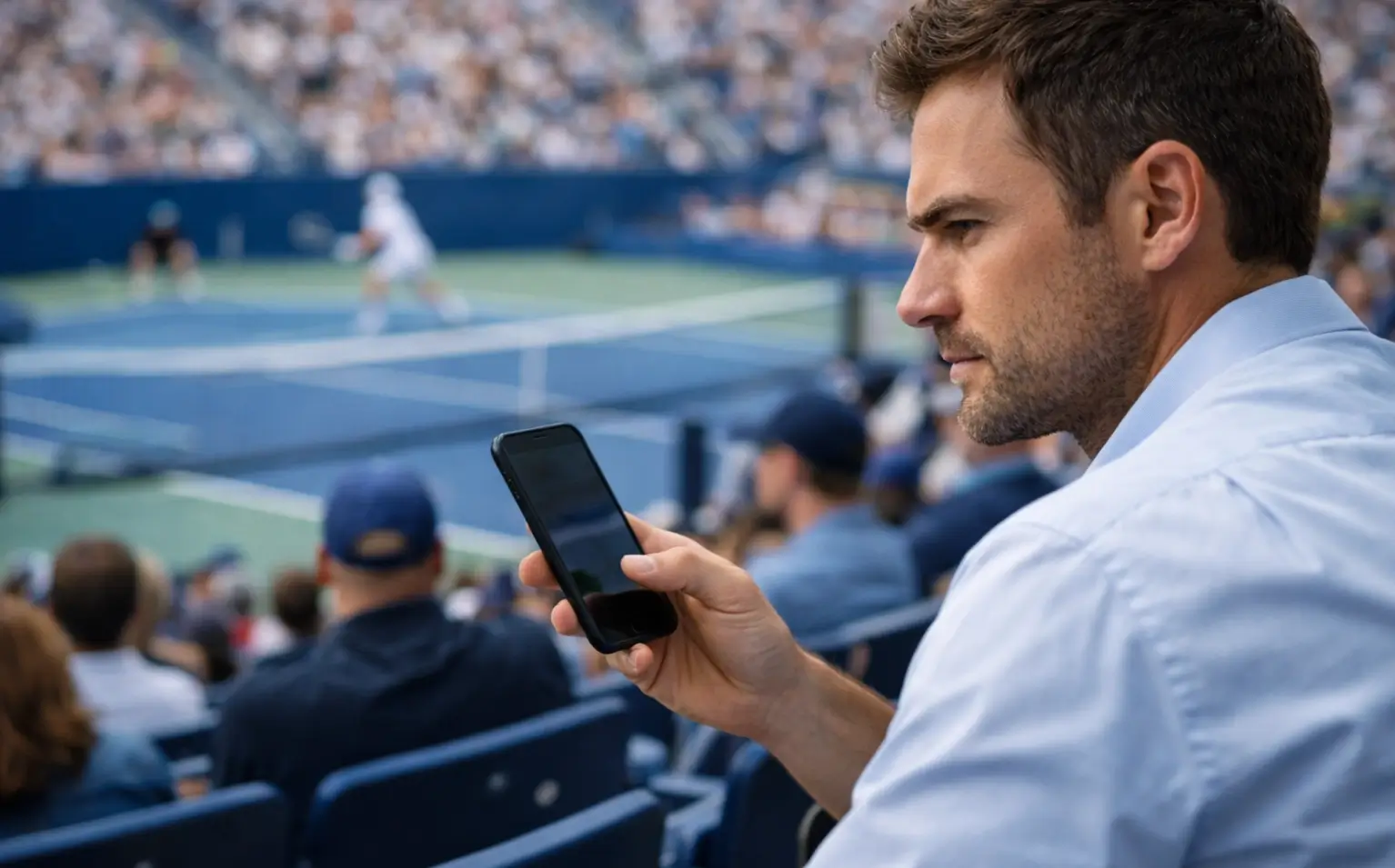 Espectador siguiendo partido de tenis en directo con móvil en la mano