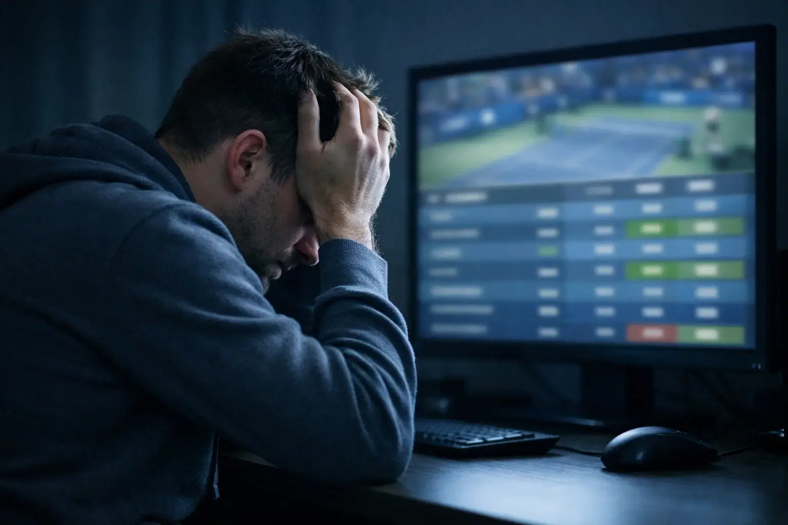Persona frustrada frente al ordenador tras tomar decisión impulsiva