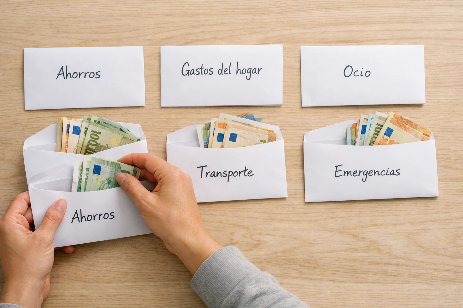 Manos separando dinero en sobres etiquetados para organización financiera