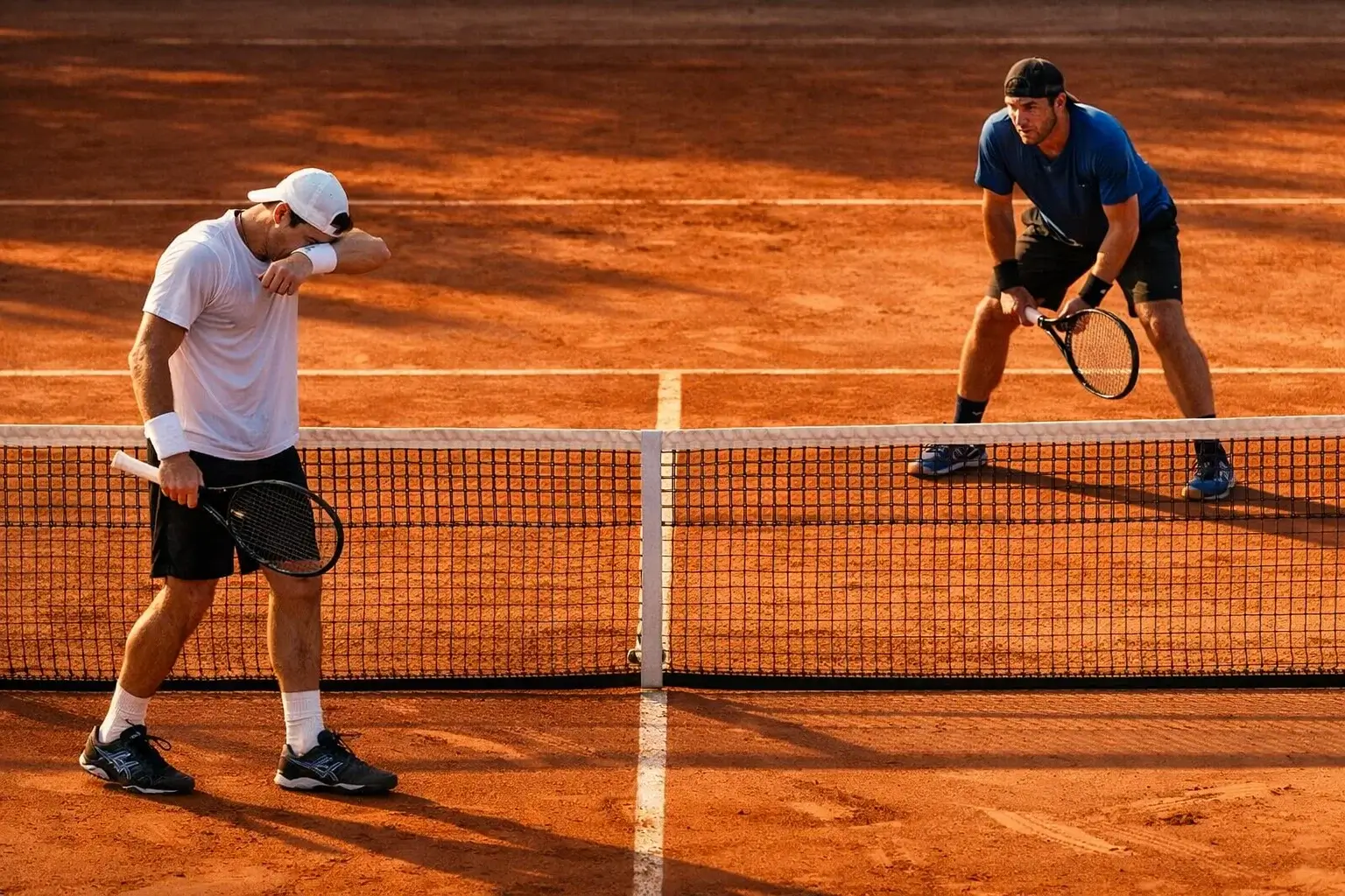 Partido de tenis en tercer set con jugadores agotados pero concentrados