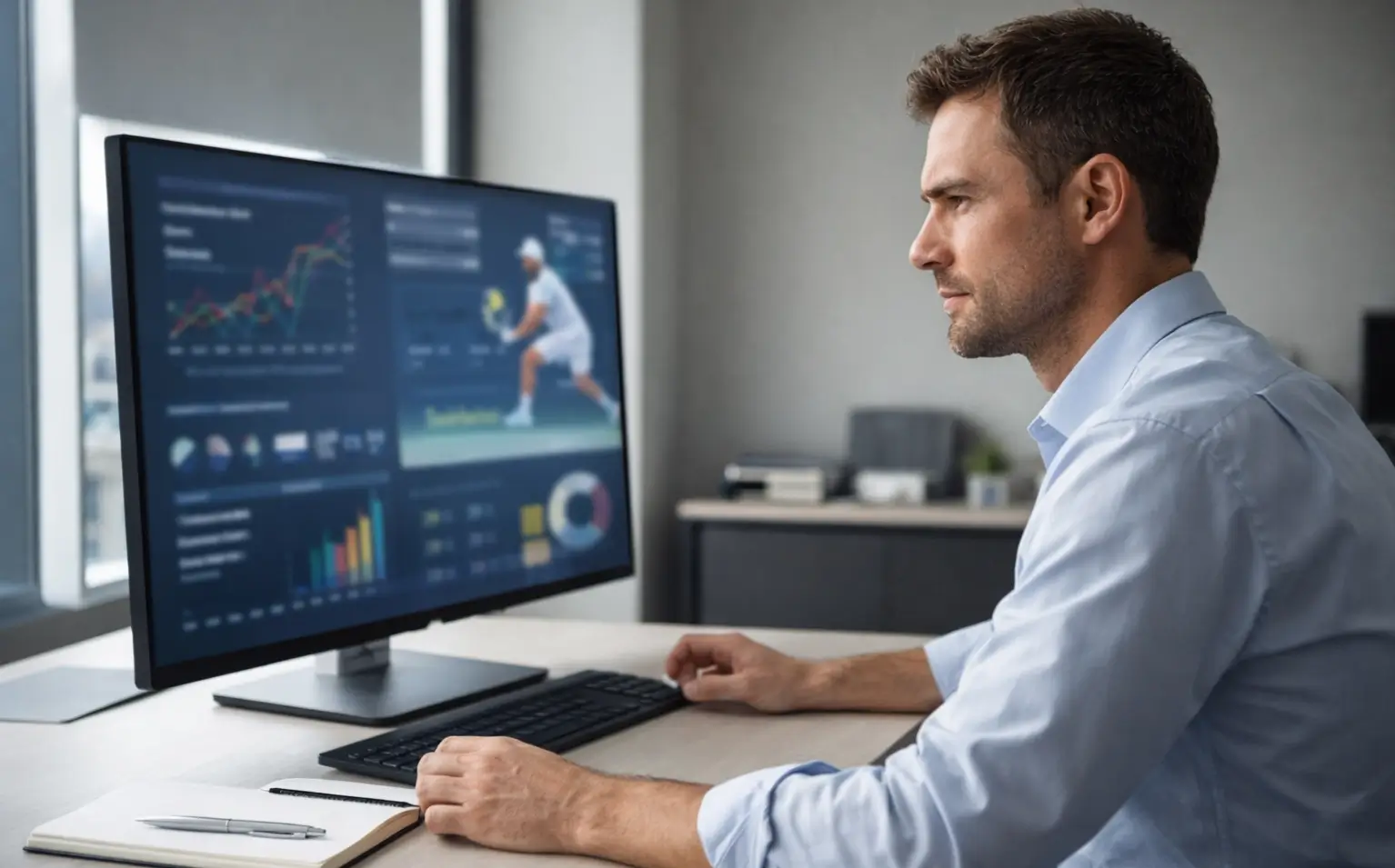 Analista deportivo revisando estadísticas de tenis en pantalla con notas