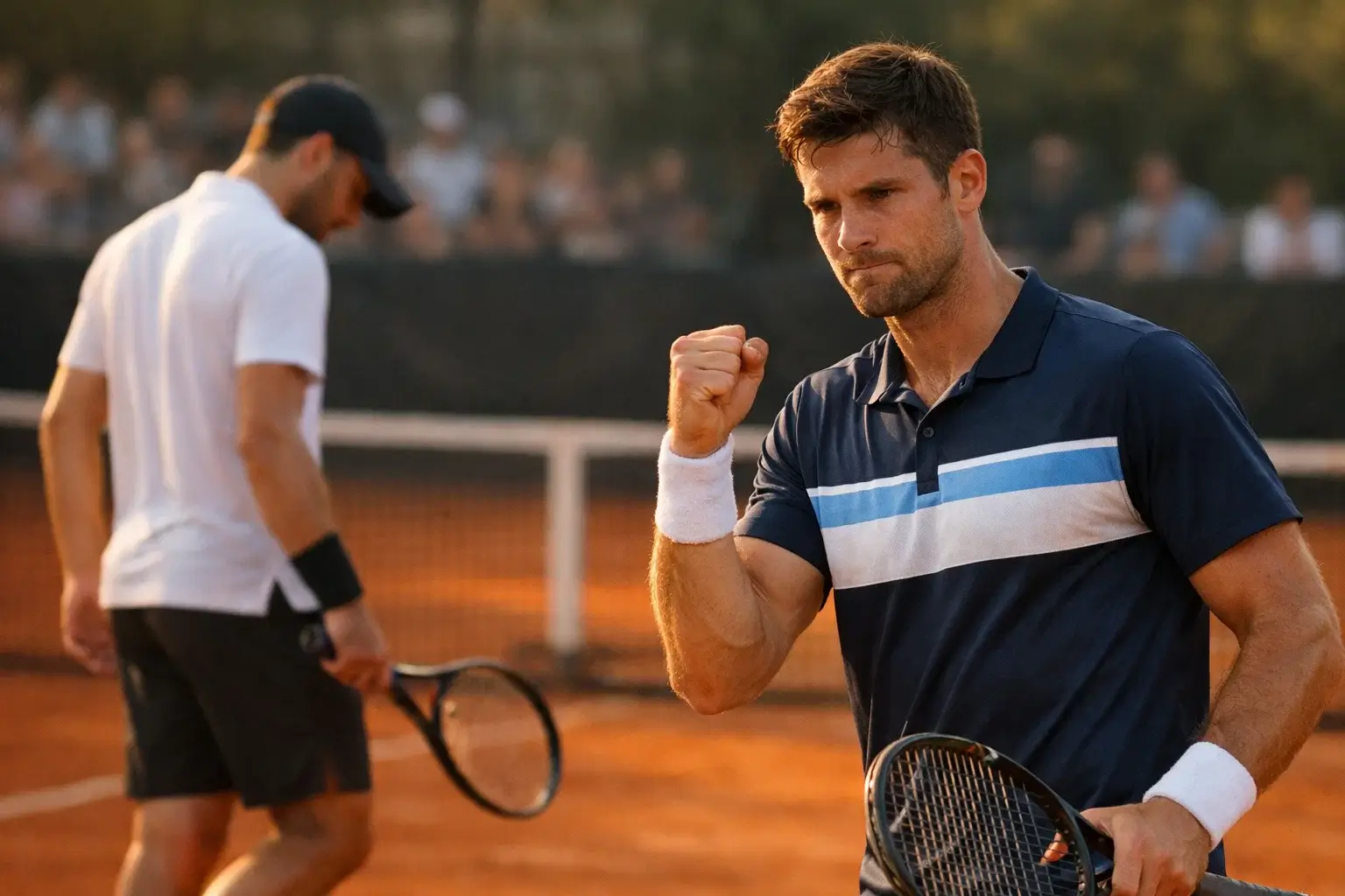 Jugador de tenis cambiando momentum tras ganar un break importante