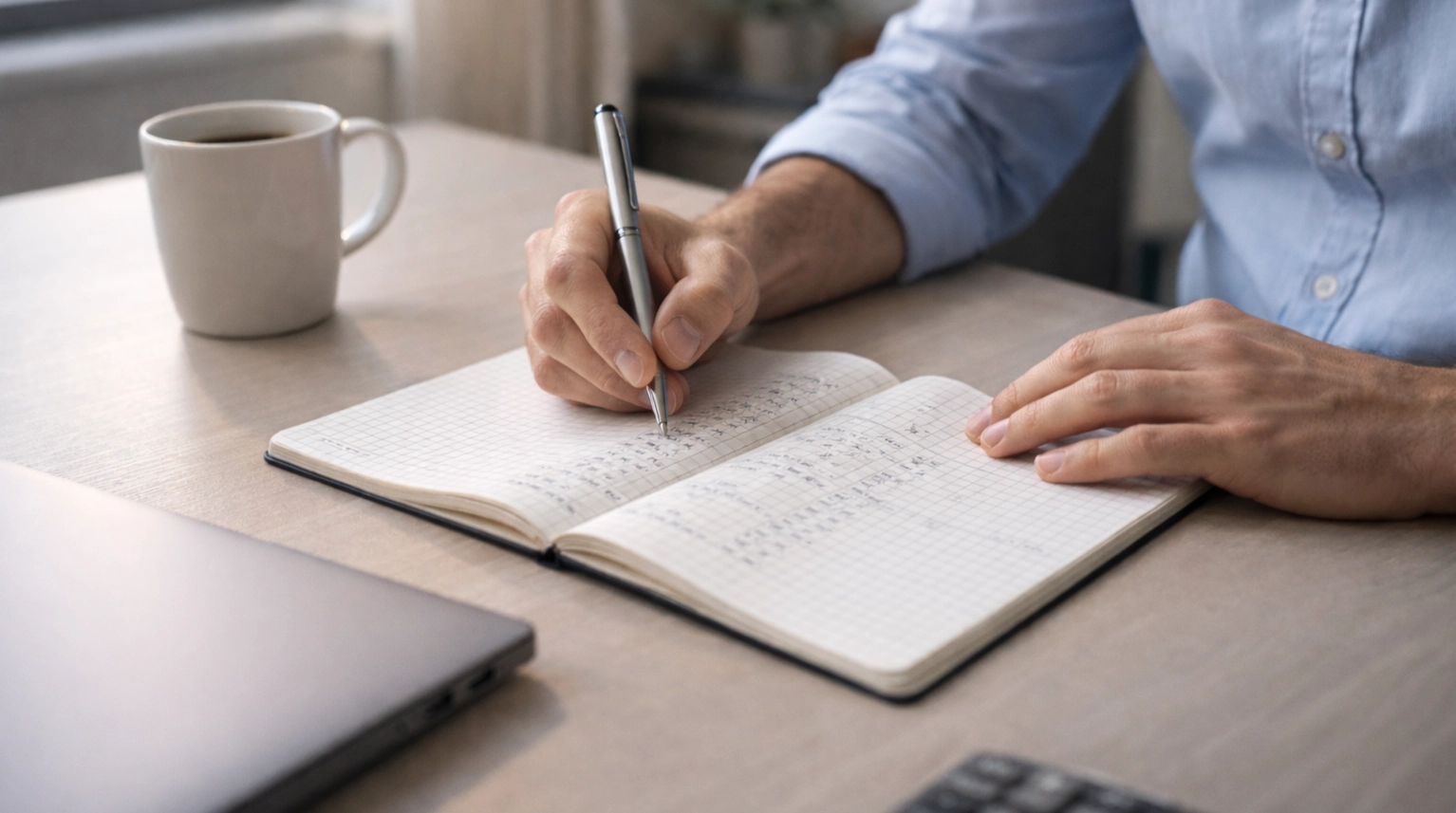 Persona organizando presupuesto de apuestas con libreta y bolígrafo