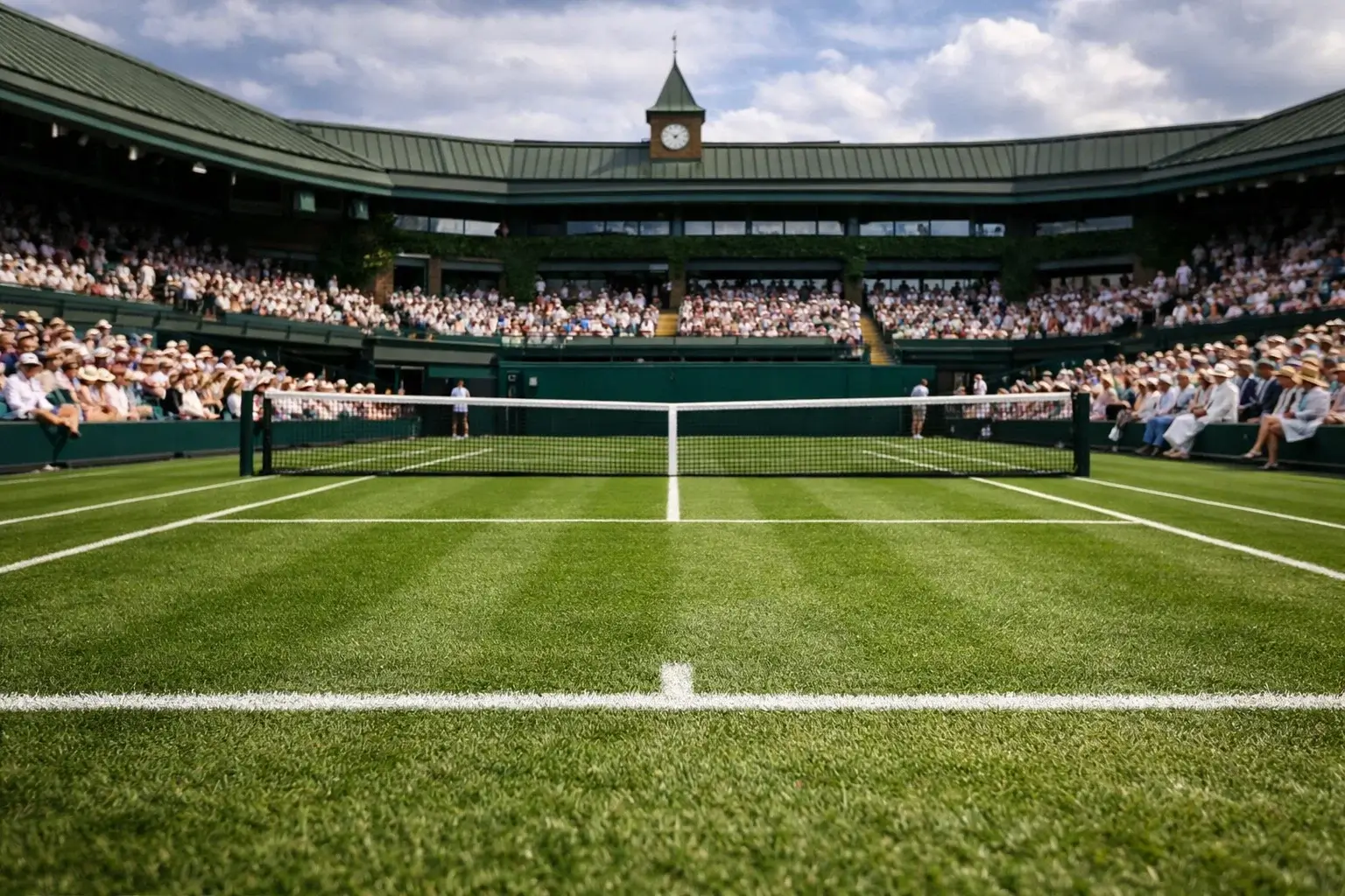 Pista central de Wimbledon con hierba impecable y gradas repletas