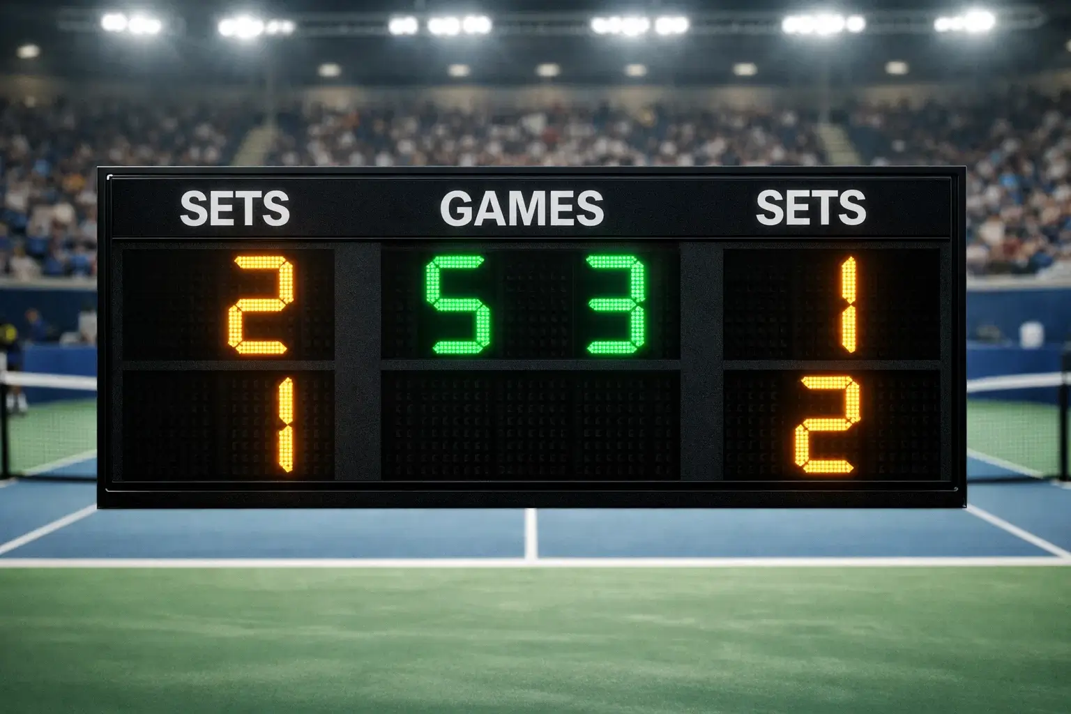 Marcador electrónico de tenis mostrando resultado de sets en un partido