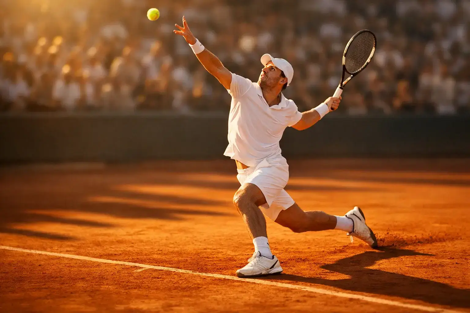 Jugador de tenis profesional sirviendo en una pista de tierra batida durante un torneo