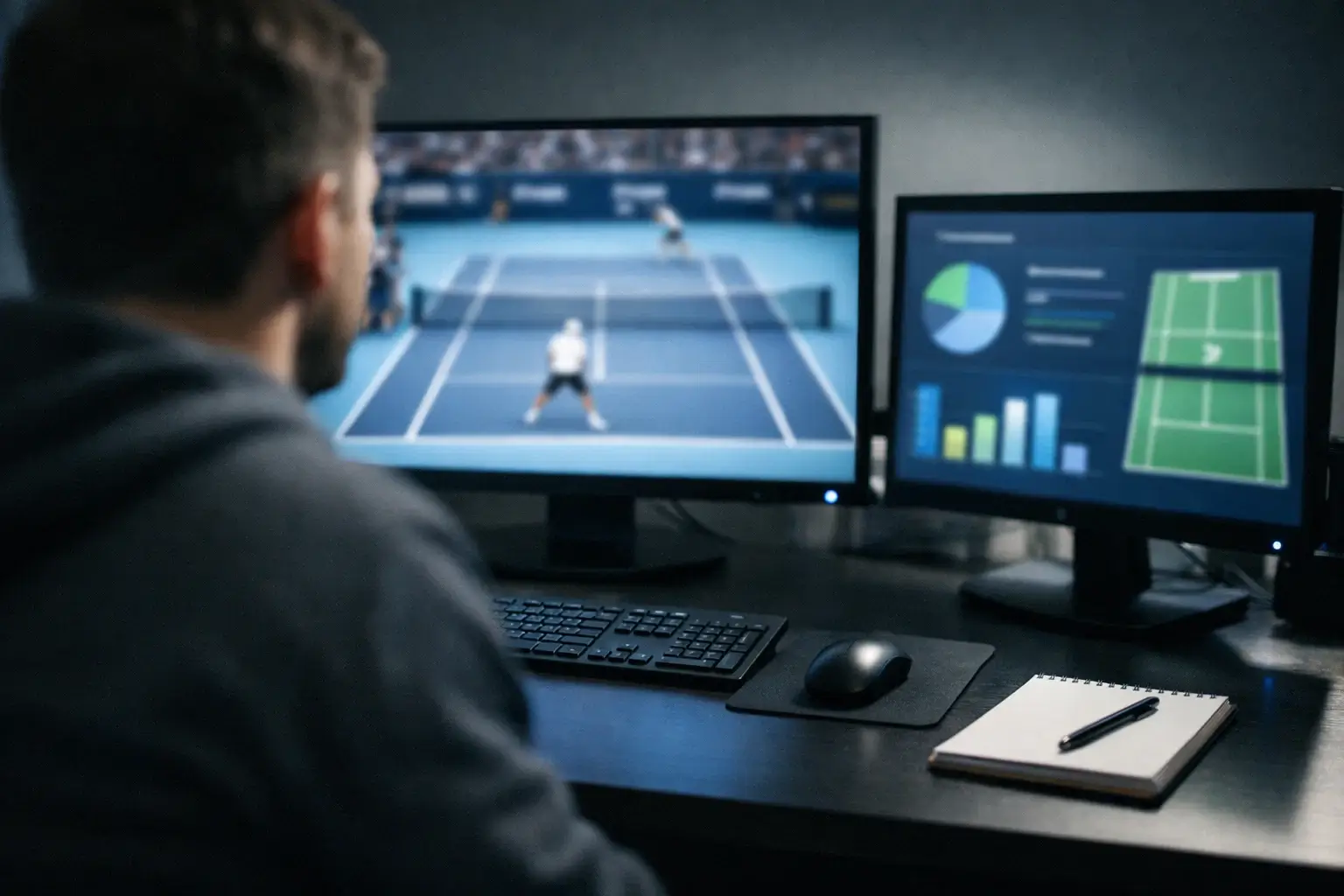 Setup de apostador con múltiples pantallas mostrando streaming y estadísticas