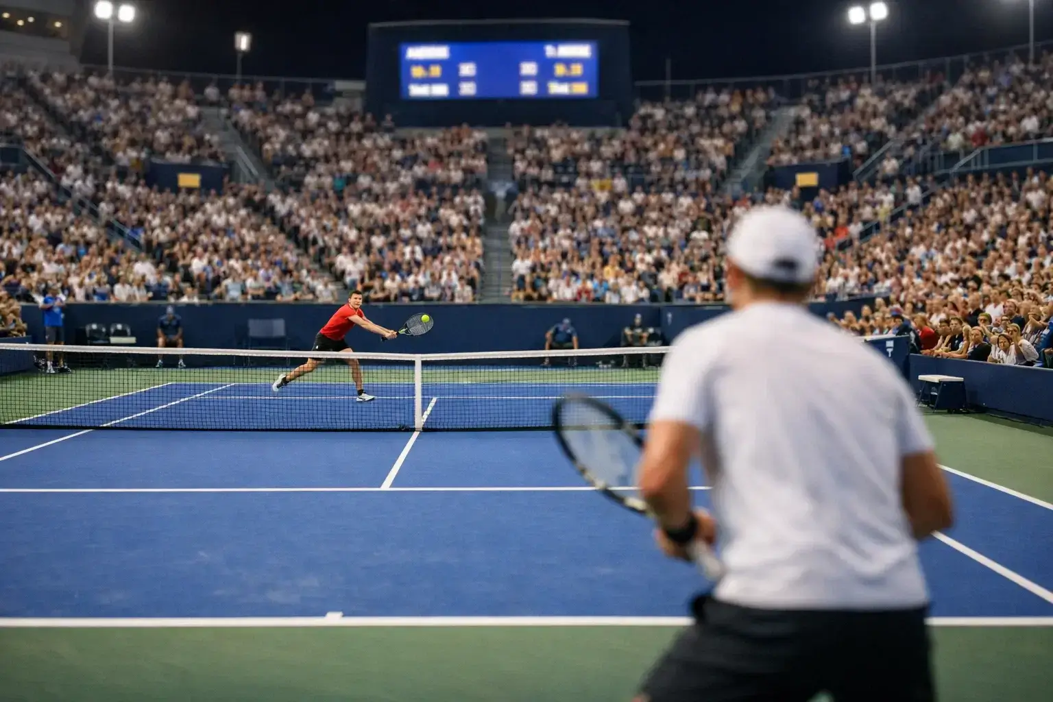 Partido de tenis en vivo con aficionados observando atentamente en las gradas