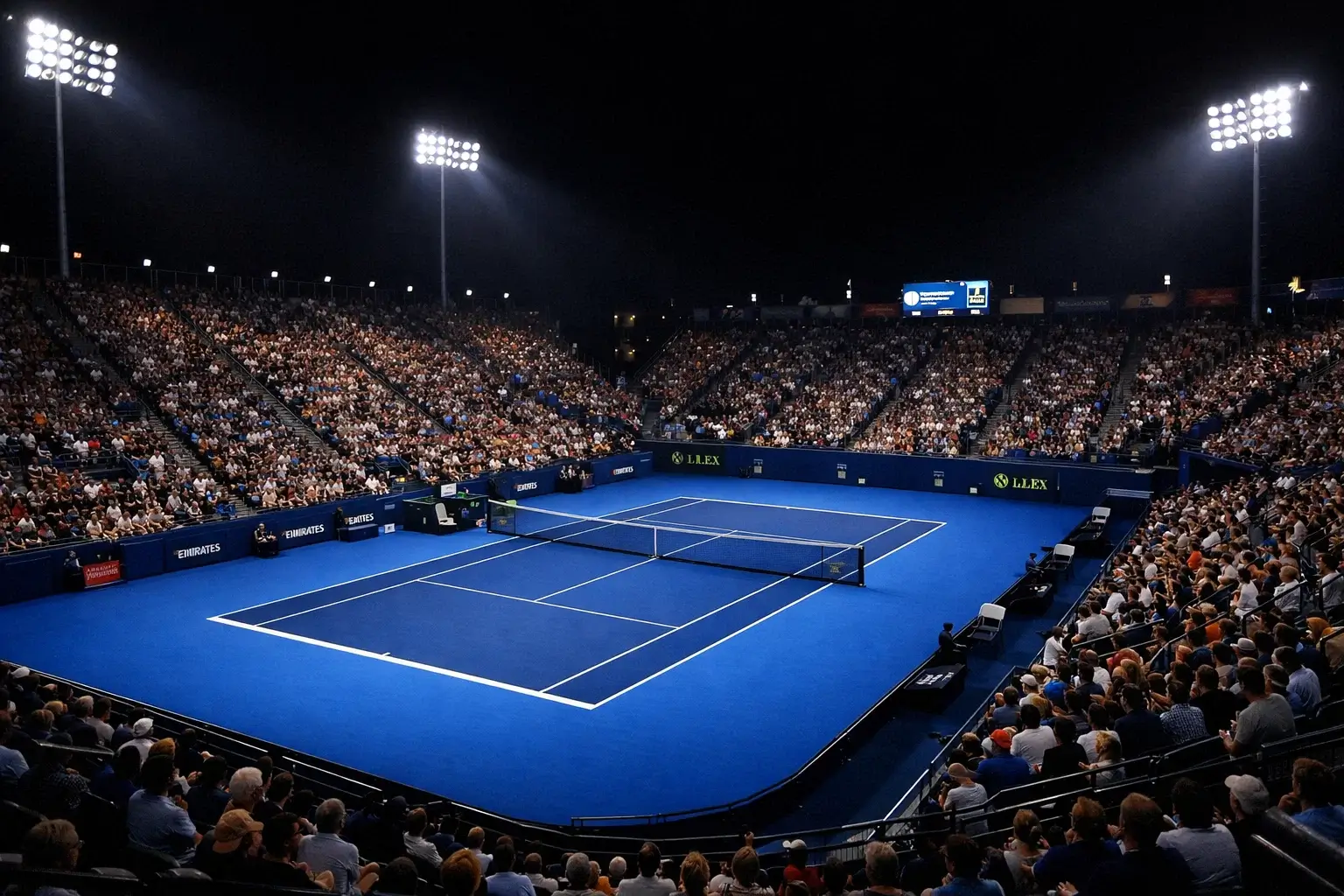 Partido nocturno en Masters 1000 con iluminación profesional y público