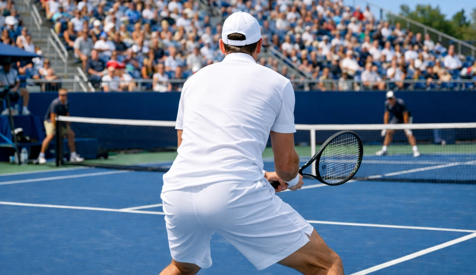 Partido de tenis profesional en pista dura con espectadores en las gradas