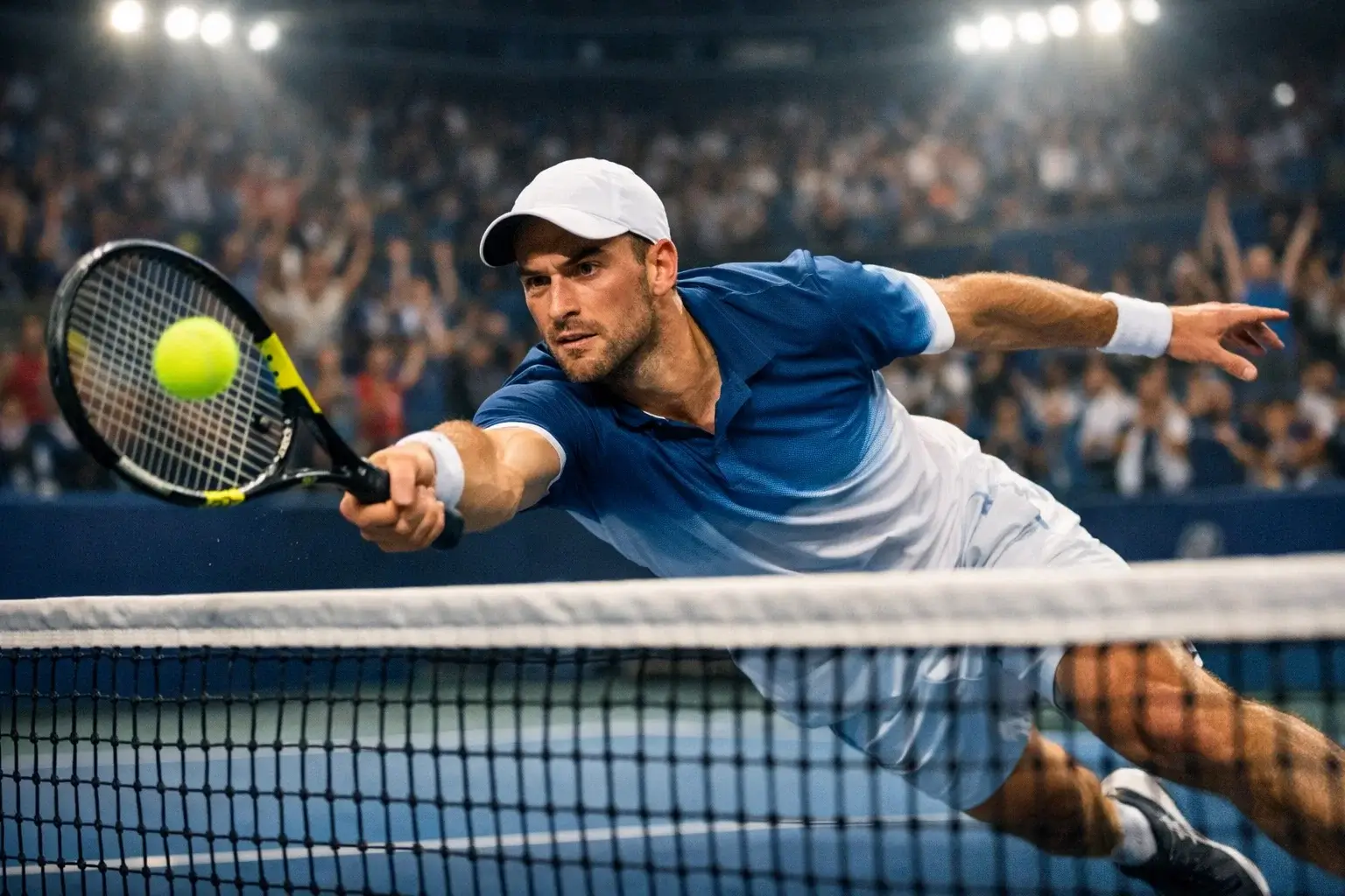 Tenista realizando un golpe ganador durante un punto decisivo del partido