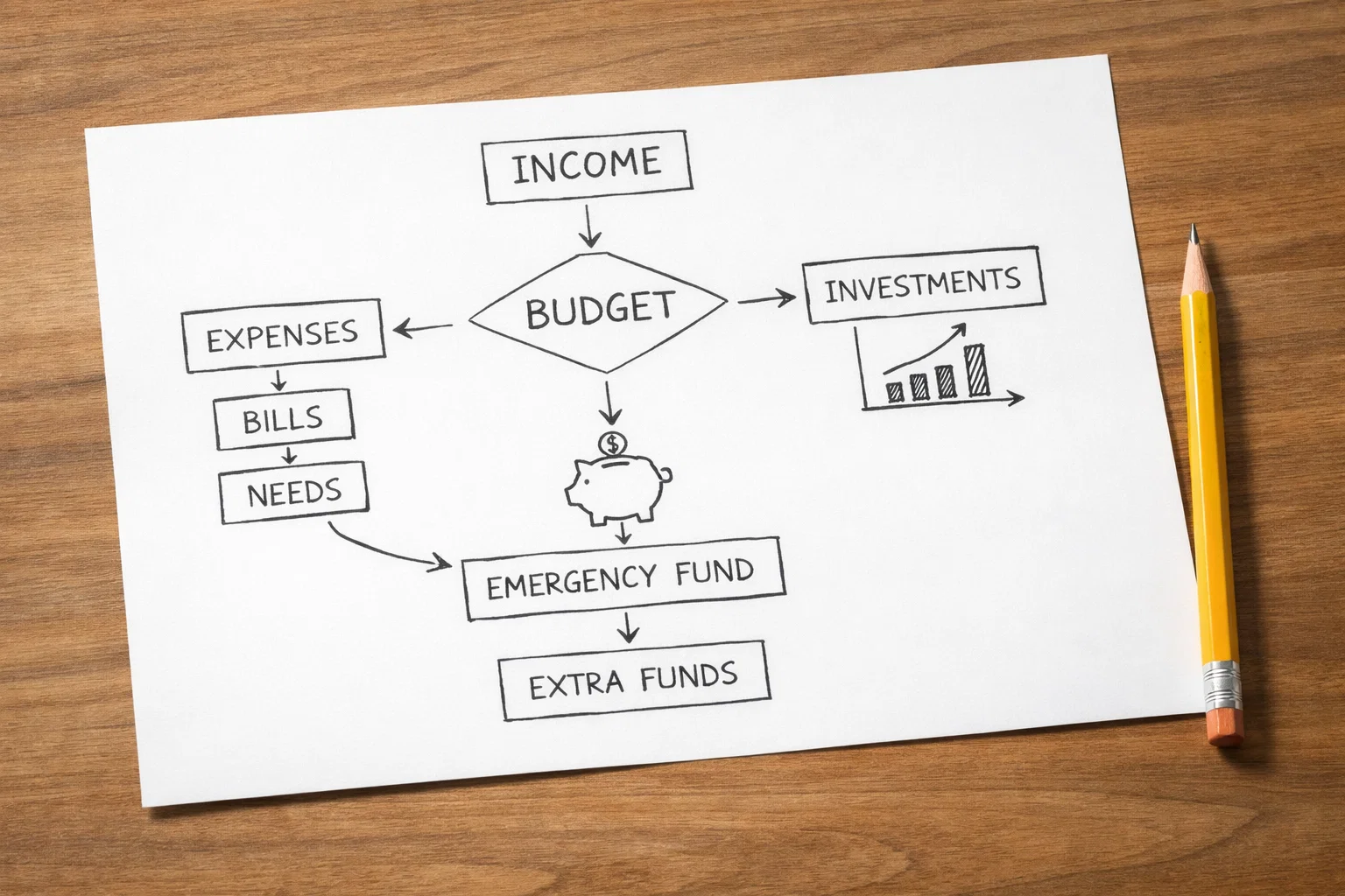 Diagrama simple en papel mostrando plan de gestión financiera personal
