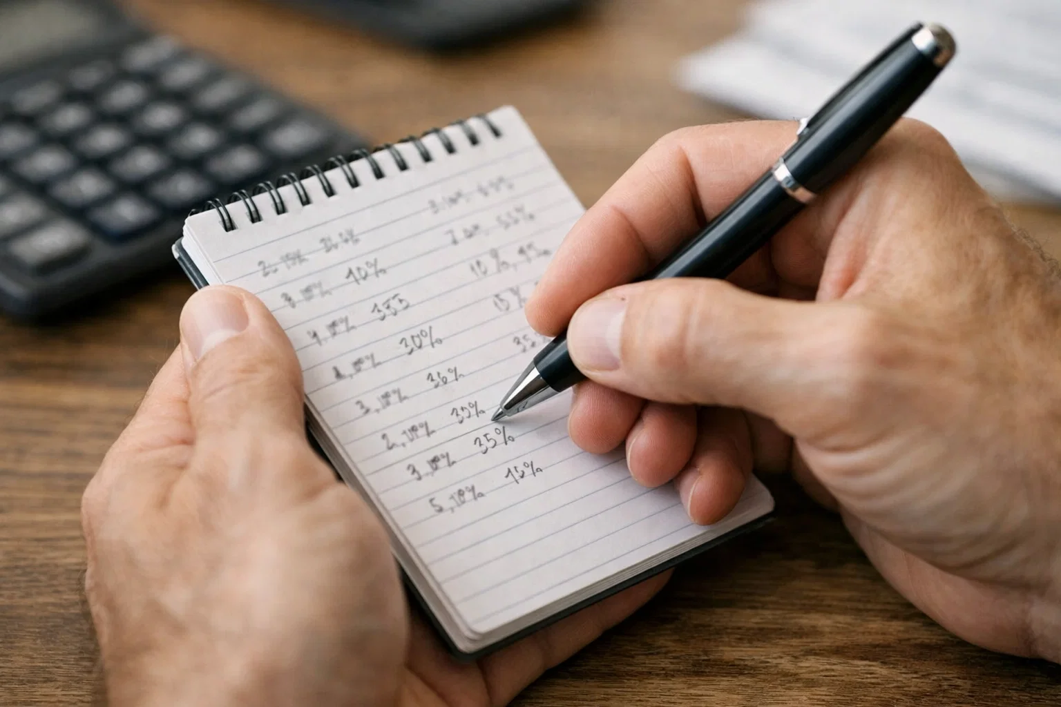 Persona anotando cantidades de apuesta en libreta con porcentajes