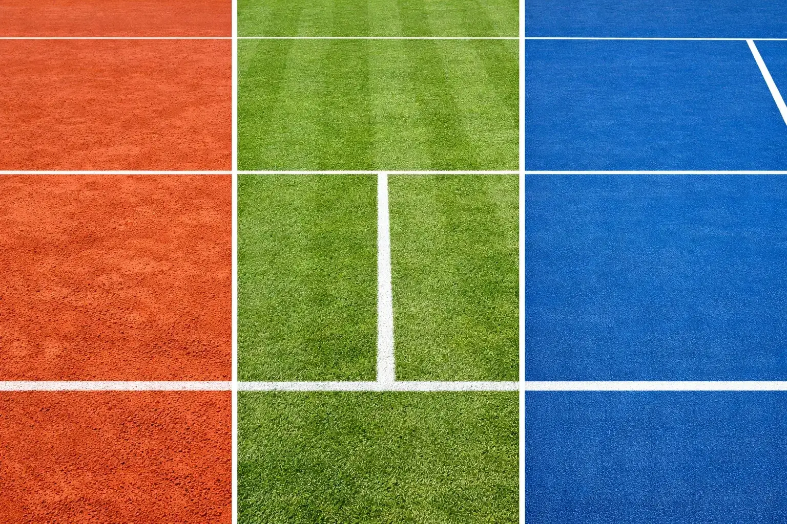 Vista comparativa de tres tipos de pista de tenis: tierra batida, césped y pista dura