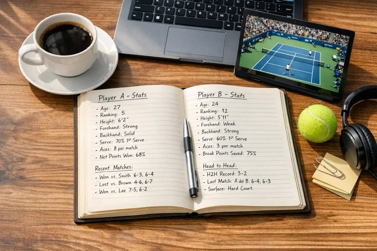 Cuaderno con notas de análisis de tenis y estadísticas de jugadores