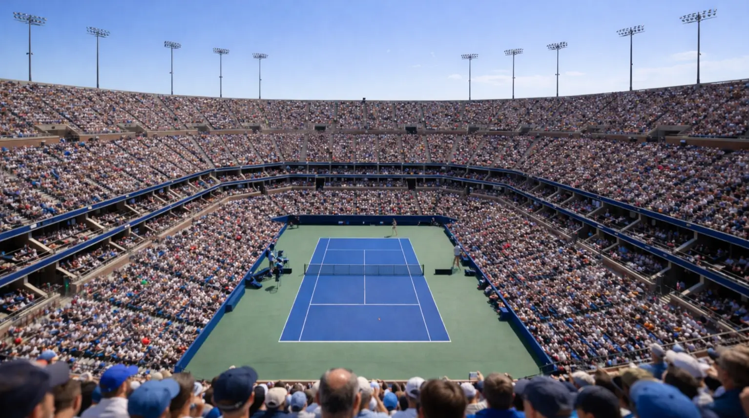 Estadio de tenis lleno de espectadores durante final de Grand Slam